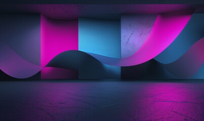The background of an empty room with concrete walls and floor tiles. Pink and blue neon light, smoke. Spotlight