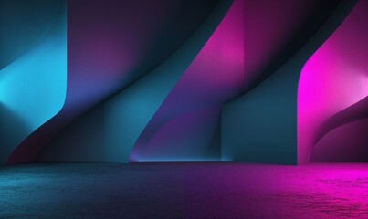 The background of an empty room with concrete walls and floor tiles. Pink and blue neon light, smoke. Spotlight