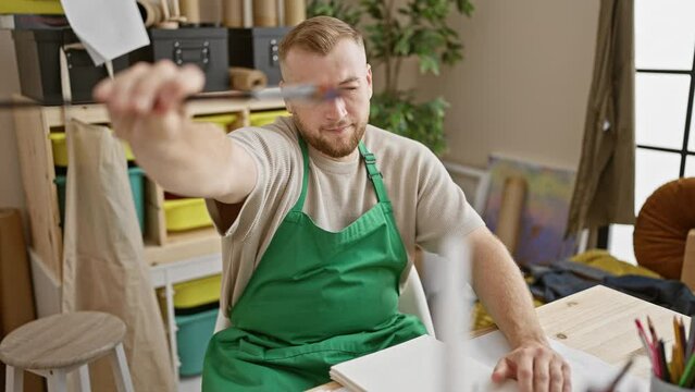 Caucasian man with beard in green apron painting in a bright art studio