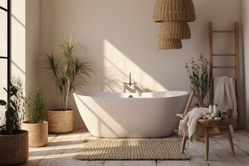 Stylish Scandinavian bathroom interior Free-standing bathtub in a bright room against the background of a large window and green indoor plants, in wicker pots.