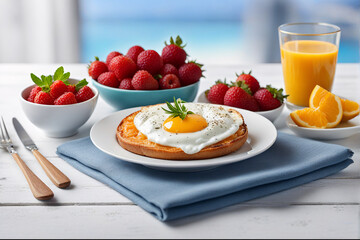 Breakfast with toast, fried egg and fresh berries on wooden table