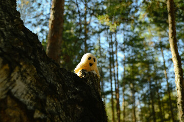 Smiling toy ghost sunlit and peeking out from behind the bark of a tree in the forest