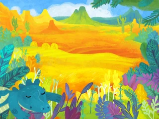Gordijnen cartoon scene with forest jungle meadow wildlife with dragon dino dinosaur animal zoo scenery illustration for children © honeyflavour