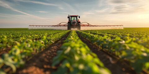 Precision Agriculture: Tractor Spraying Soybean Field with Pesticides - obrazy, fototapety, plakaty