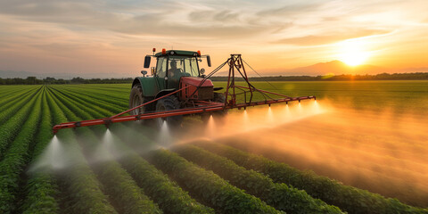 Sunset Spraying: Tractor Applying Treatment to Fields Against Evening Sky