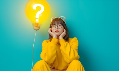 a girl with a question mark above her head sitting on a blue background, in the style of webcam photography, electric color schemes, light gray and yellow, vibrant comics, studyplace, faux naïf, playf