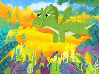 cartoon scene with forest jungle meadow wildlife with dragon dino dinosaur animal zoo scenery illustration for children © honeyflavour