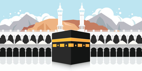 Naklejka premium Kaaba vector in Holy Mosque in Mecca and mountains behind Kaaba for pilgrimage or hajj steps - Eid Adha Mubarak