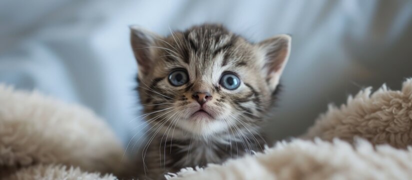 Two-week-old adorable kitten in a humorous and cute pet photo.