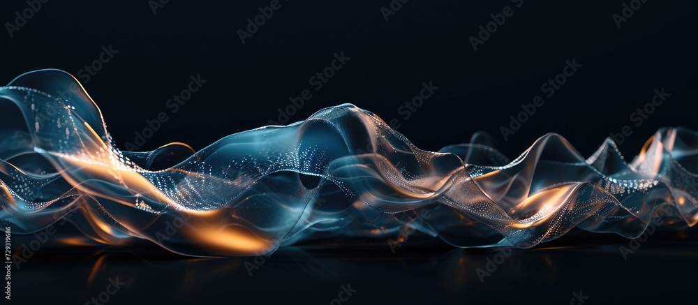 Poster render of a dark background with a 3d generated abstract glass wave.