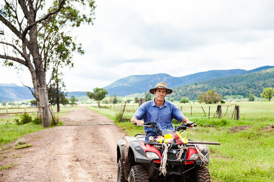 Farmer riding quad bike down farm driveway over cattle grid
