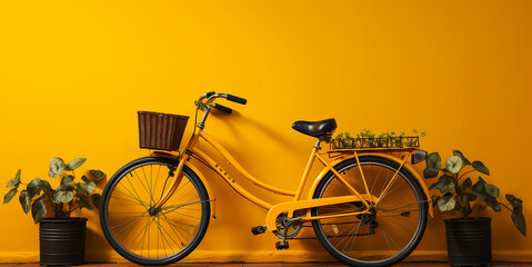 Yellow bicycle parked next to a yellow wall, yellow tone.