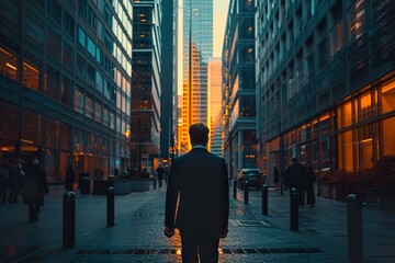 Back photo a businessman walk between buildings - obrazy, fototapety, plakaty
