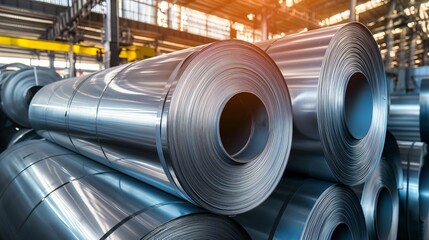 Rolls of galvanized steel sheet inside warehouse or factory building.
