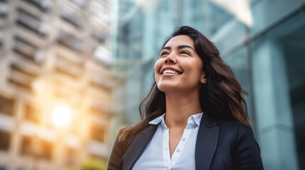 Happy young Hispanic business woman standing outside modern office building. Portrait of professional businesswoman. Office worker looking up to the sky and smiling. Entrepreneur.