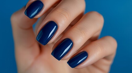 Luxurious woman s hand with navy blue nail polish, gel manicure, and french nail art design