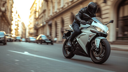 A sporty motorbike with a motorcyclist in a black helmet and leather jacket rushes through the...