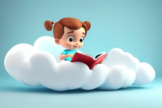 A peaceful image of cute 3d cartoon  girl kid reading book  on a giant white cloud on a light background,