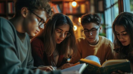 Smart young university students study with books in the library