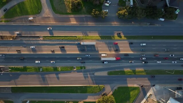 Aerial of highway traffic with cars and lorry's slowing down in congested area on multilane freeway