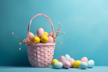 easter rabbits, easter eggs and basket on blue background