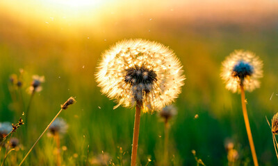 dandelions in the field. Selective focus.