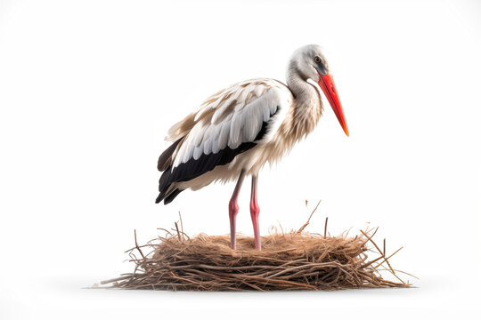 one stork in large nest isolated on white background