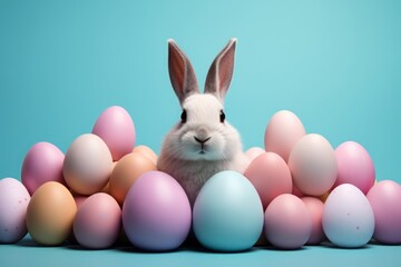 Naklejka na ściany i meble easter rabbits, easter eggs and basket on blue background