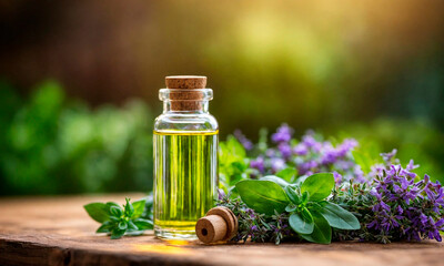 basil essential oil in a bottle. Selective focus. - obrazy, fototapety, plakaty