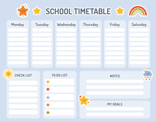 School timetable for kids. Weekly planner. Printable schedule for kids design template. Back to school planner. Cute planner for kids daily routine tracking with daily plans, notes, goals, to do list.