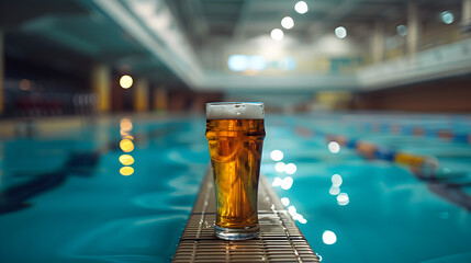 Cinematic wide angle photograph of a beer pint glass at an olympic pool. Product photography. - obrazy, fototapety, plakaty