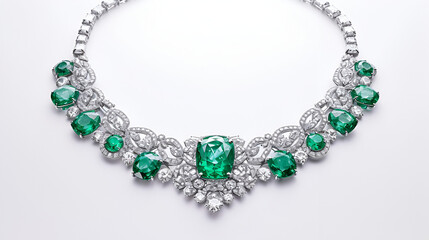 Necklace in emeralds and with diamondson white background. generative ai