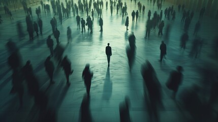 A lone figure stands still among blurred moving figures. Concept of loneliness and isolation