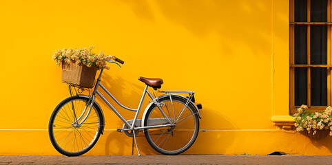 Yellow bicycle with flowers parked next to a yellow wall. Yellow tone has space. - obrazy, fototapety, plakaty