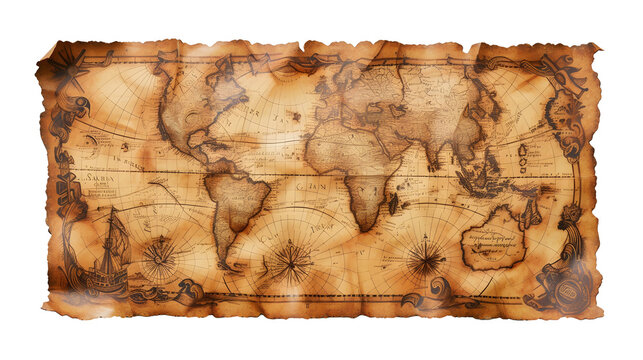pirate treasure map on old paper transparent background.