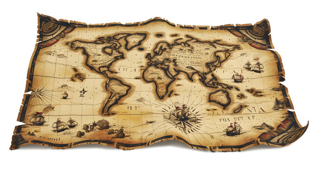 pirate treasure map on old paper transparent background.