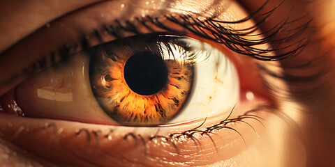 Gazing into Captivating Depths: Close-Up Photography of a Stunning Human Eye with Mustard-Colored Iris and Exquisite Eyelashes - obrazy, fototapety, plakaty