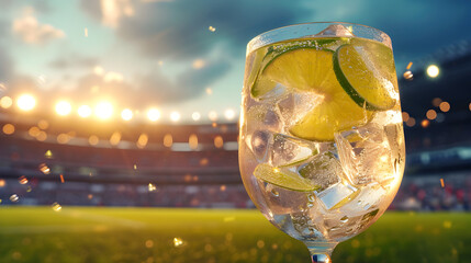 Cinematic wide angle photograph of a gin tonic sparkling cocktail with lime at a soccer stadium. Product photography.