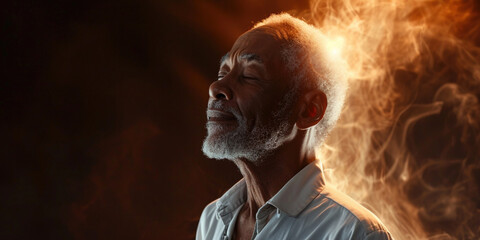Happy black male in zen calmness taking deep breath for zen, health or spiritual wellness. African American man with healing energy and light around feeling good breathing calm peace - obrazy, fototapety, plakaty
