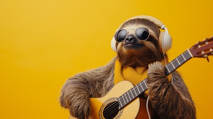 Fototapeta premium sloth musician playing guitar on yellow background