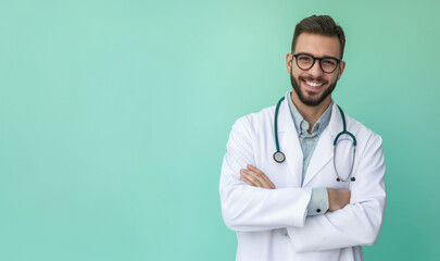 A smiling male doctor in a white coat with a stethoscope stands confidently with his arms crossed against a turquoise background, exuding professionalism and friendliness. - obrazy, fototapety, plakaty