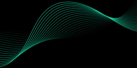 Abstract background with waves for banner. Medium banner size. Vector background with lines. Element for design isolated on black. Green and black gradient. Turquoise color. Brochure, booklet