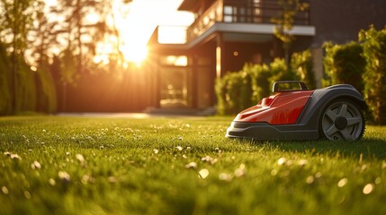 A robotic lawn mower stands on the lawn near the house at sunset - obrazy, fototapety, plakaty