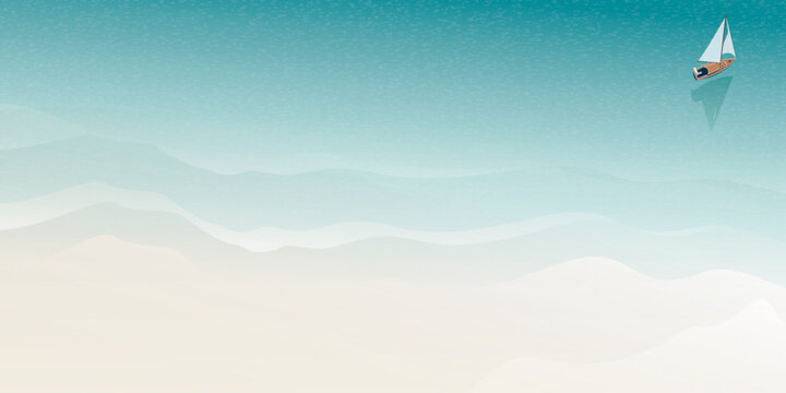 Beach with tropical blue sea  and sail boat top view background template for advertisment. Beach and seascape view from above vector illustration have blank space.