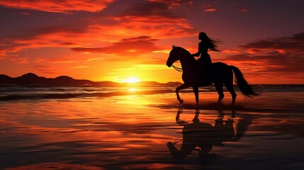 silhouette of a woman riding a horse at sunset, on the beach. generative ai