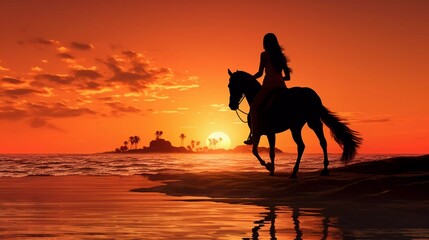 silhouette of a woman riding a horse at sunset, on the beach. generative ai