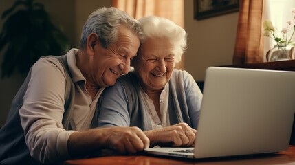 Senior middle aged happy couple embracing using laptop together