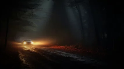 Fotobehang Solitary Car Headlight Shines in Enchanting Forest Ambiance © Emojibb.Family