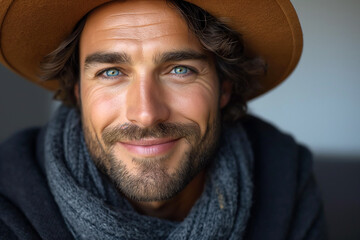 Smiling Man with Blue Eyes Wearing a Hat and Scarf