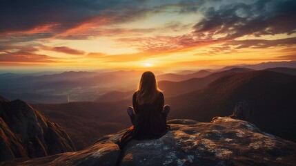 Obraz premium woman's silhouette sitting on a rock at sunset on a mountain peak. generative ai